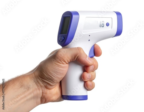 A person holds a temperature measuring device with a digital display. White background