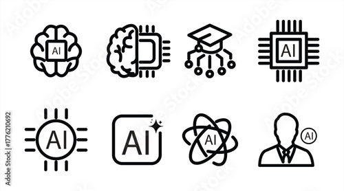 Artificial intelligence line icon set. Process automation, data recognition and analysis. AI, machine learning, generative AI, virtual assistant, robotics, brain, vector illustration.