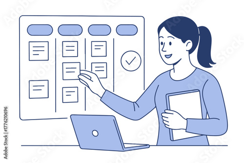 Woman Planning Project Tasks on Kanban Board with Laptop and Tablet