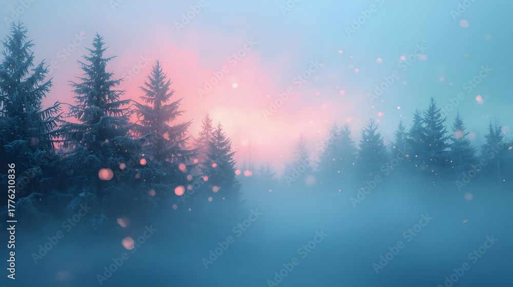 Naklejka premium Magical Winter Forest with Snowfall and Pink Sunrise Glow