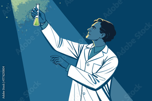 Scientist holding glowing vial under a dark light.