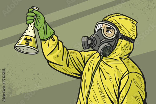Scientist in hazmat suit holds glowing toxic s vial.