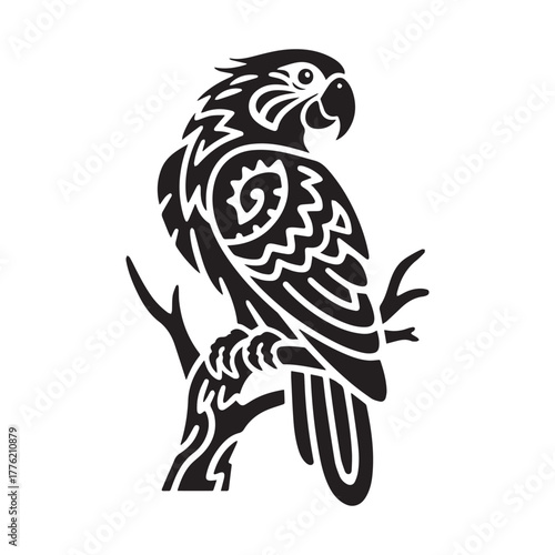 Stylized Tribal Macaw Parrot on Branch Tattoo Logo with Bold Intricate Patterns.
