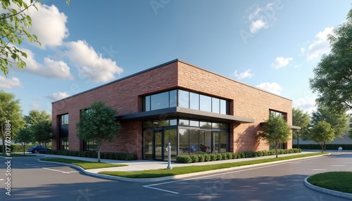 Fototapeta Naklejka Na Ścianę i Meble -  Modern small commercial office building under clear blue sky. Red brick exterior large glass windows, shaded entrance. Paved parking lot, green lawn, mature trees surround appealing commercial