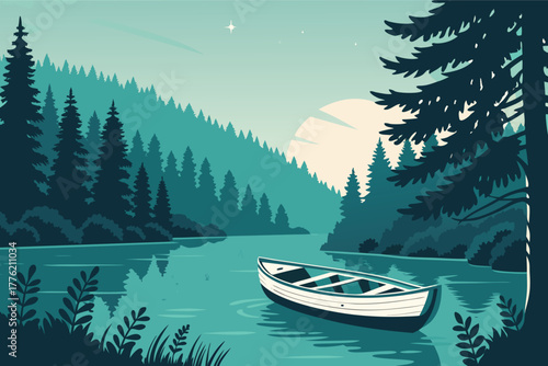 -small-boat-floating-on-quiet-river-surrounded-by-.eps