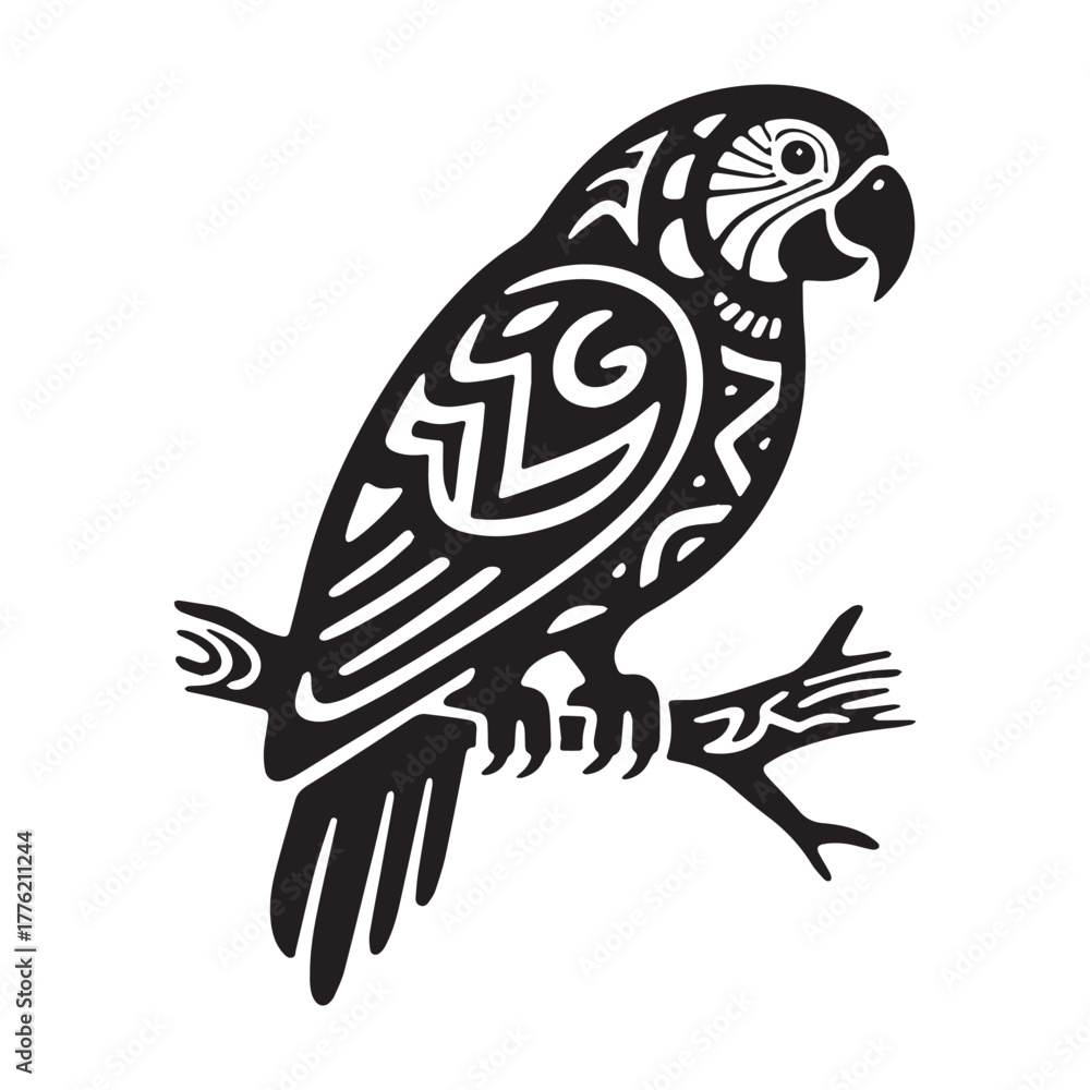 Fototapeta premium Stylized Tribal Macaw Parrot on Branch Tattoo Logo with Bold Intricate Patterns.
