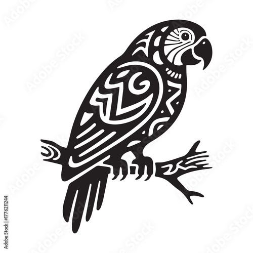 Stylized Tribal Macaw Parrot on Branch Tattoo Logo with Bold Intricate Patterns.