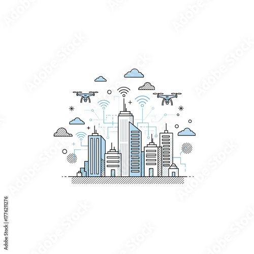Urban skyline with drones and wireless signals in modern design  