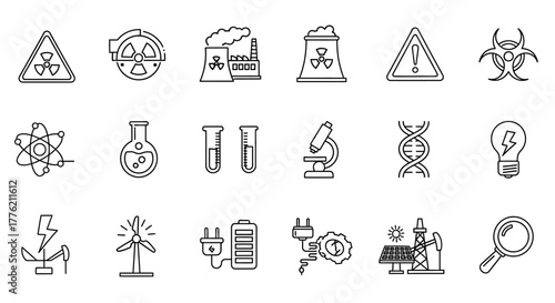 Collection of Black and White Science and Energy Icons.