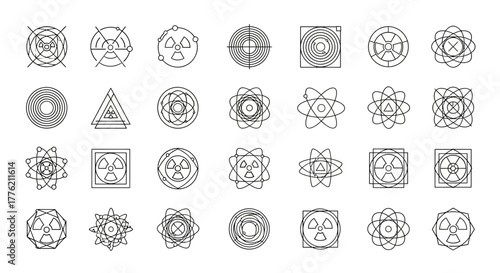 Collection of Black and White Science and Radiation Icons.