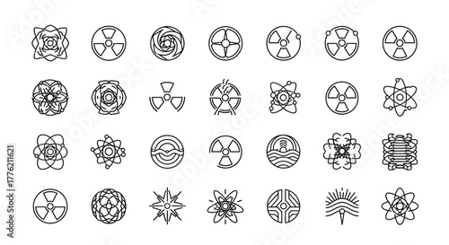 Collection of Black and White Line Art Icons Representing Science and Radiation.