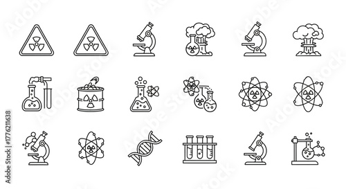 Science and Radiation Outline Icons: Microscopes Flasks Atoms DNA and Warning Signs.