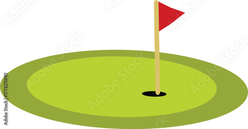 Golf course hole illustration with a red flag on a green field — simple flat design perfect for sports graphics, golf clubs, tournaments, and recreation themes.