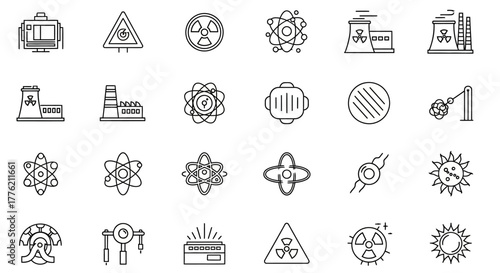 Collection of Science and Industry Outline Icons on White Background.