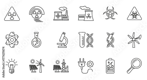 Collection of Science and Energy Icons in Outline Style.