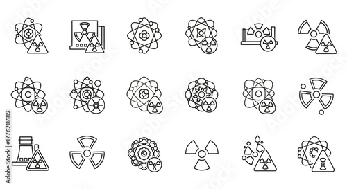 Collection of Black and White Radiation Hazard Icons and Symbols.