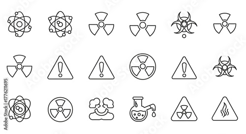 Collection of Black and White Warning Icons: Radiation Biohazard and More.