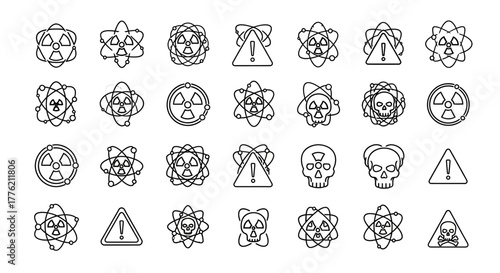 Collection of Black and White Radiation and Hazard Warning Icons.