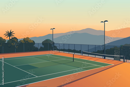 Early morning tennis court, dawn light casting long, ethereal shadows, dew glistening, serene atmosphere, quiet solitude, pre-game stillness, soft hues, gentle glow, misty air.