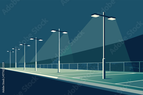 Glowing tennis court lighting poles at night, illuminating a vibrant sports arena, night photography.