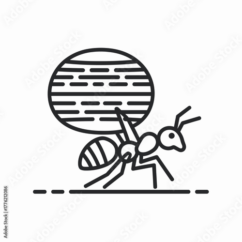 Ant carrying object minimal line icon – Great for business teamwork or persistence concepts.