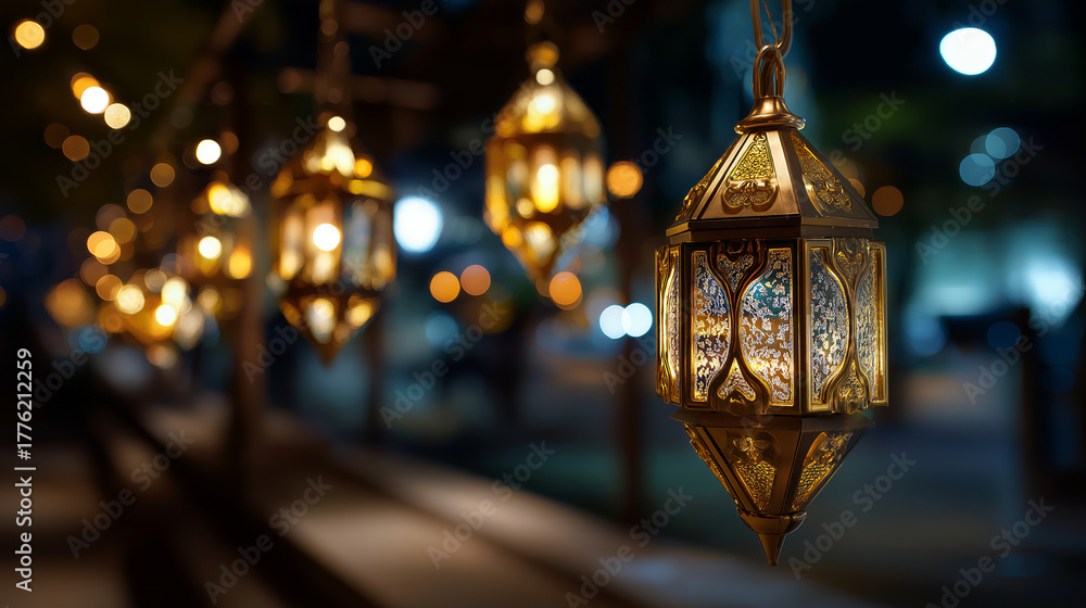 Fototapeta premium Defocused image of ornate lanterns glowing during Ramadan nights, creating an ethereal pattern of light and shadow, with copy space.