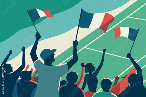 Vibrant tennis stadium crowd, ecstatic fans waving national flags, celebrating victory, exhilarating sports atmosphere.