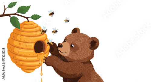 A happy cartoon bear reaches for a beehive hanging from a tree branch, while golden honey drips from the hive and bees fly around.