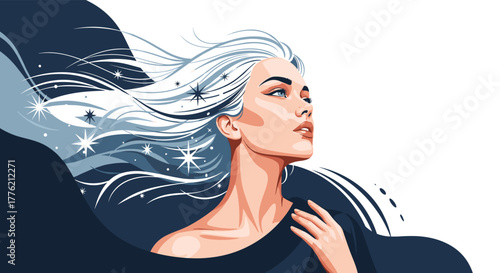Beautiful woman with flowing, star-dusted silver hair looking up with a serene expression, symbolizing elegance and celestial wonder.