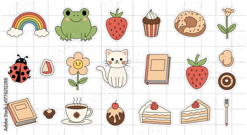 A delightful collection of cute, hand-drawn doodle stickers featuring animals, nature elements, food, and everyday objects on a grid background.