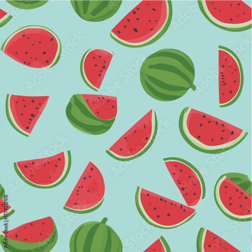 Seamless vector pattern of watermelon slices and whole watermelons