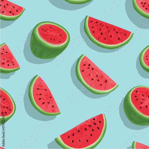 Seamless vector pattern of watermelon slices and whole watermelons
