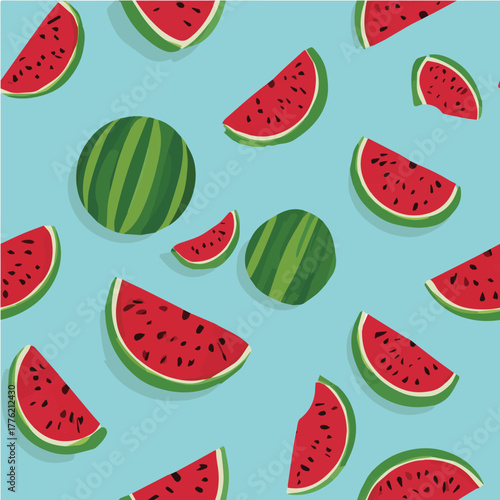 Seamless vector pattern of watermelon slices and whole watermelons
