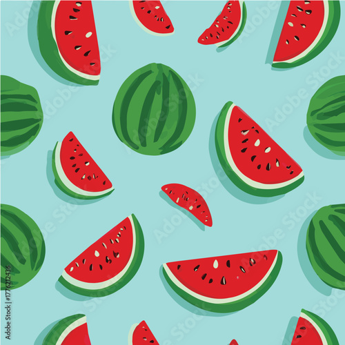 Seamless vector pattern of watermelon slices and whole watermelons