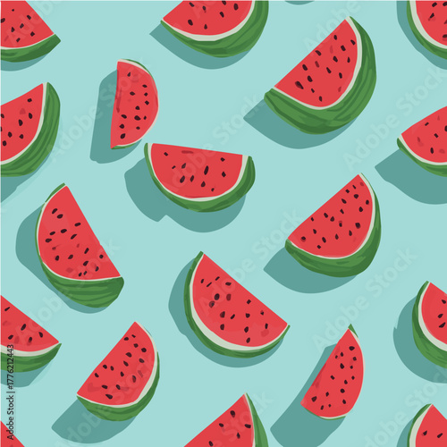 Seamless vector pattern of watermelon slices and whole watermelons