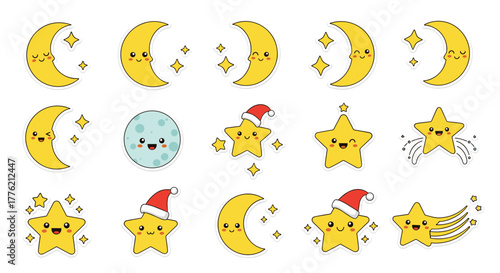 A delightful collection of cute cartoon celestial characters, featuring smiling crescent moons and stars, some with festive Santa hats and sparkling elements.