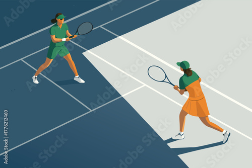 Tennis doubles match action, side stands view, dynamic gameplay, players in motion, courtside perspective.