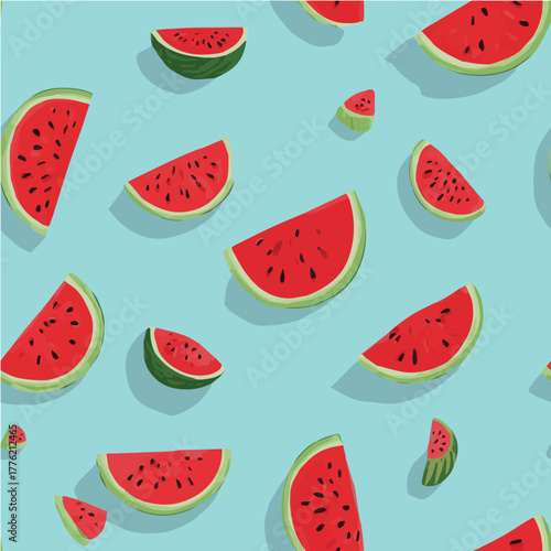 Seamless vector pattern of watermelon slices and whole watermelons