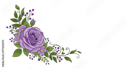 Charming corner floral arrangement featuring a vivid purple rose, smaller violet flowers, lush green leaves, and berries, isolated on a white background.