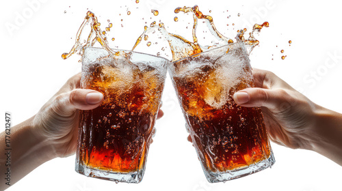 Two hands clinking glasses of cola with ice and splash isolated on transparent background