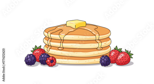 Delicious stack of golden pancakes, drizzled with maple syrup and melting butter, garnished with fresh strawberries, blackberries, and raspberries.