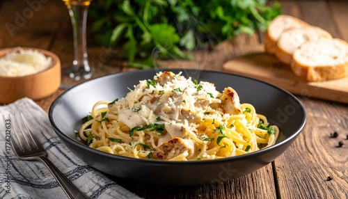 Creamy chicken alfredo pasta with parmesan and herbs.