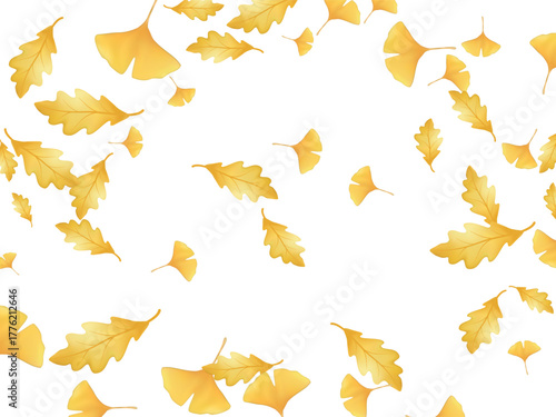 Golden autumn ginkgo and oak leaves gently fall on a clean white background. Perfect seasonal frame or natural backdrop