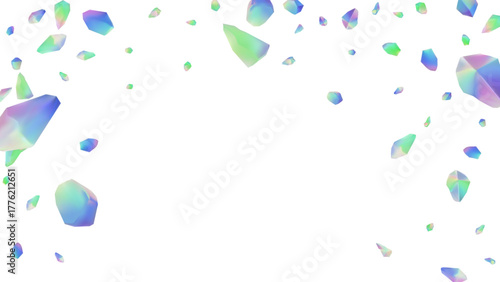 Iridescent holographic crystals and gems float freely creating mesmerizing abstract background Sharp facets and vibrant pastel colors provide futuristic and ethereal border design element Ideal
