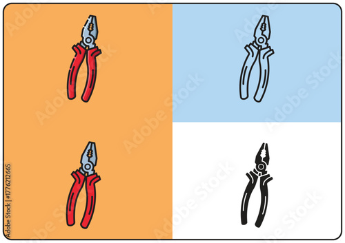 Cartoon Pliers vector icon set in color, outline, and solid styles. Perfect for repair, mechanic, construction, and DIY tool design projects or illustrations.Great renovation, home decor.
