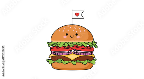 A charming cartoon hamburger with a friendly smile, adorned with a heart flag, showcasing fresh lettuce, tomato, onion, cheese, and a patty.