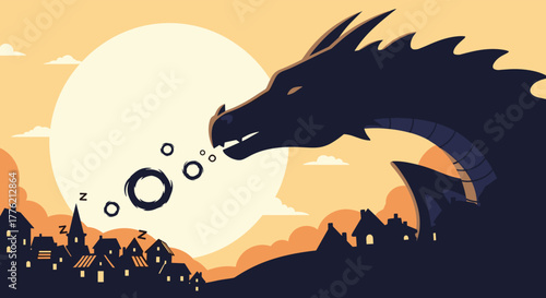 A peaceful scene of a giant sleeping dragon exhaling dream bubbles above a tranquil village under a glowing sky.