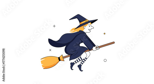 A whimsical blonde witch in a dark blue costume and pointed hat flies on a broomstick, accompanied by abstract shapes.