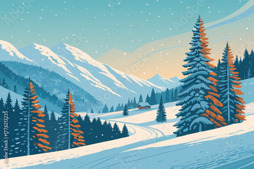 Snowy ski resort valley at Christmas Eve.