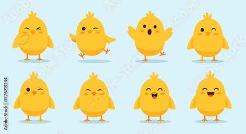 An adorable collection of eight yellow cartoon baby chicks expressing various cheerful emotions and playful actions on a light blue background.